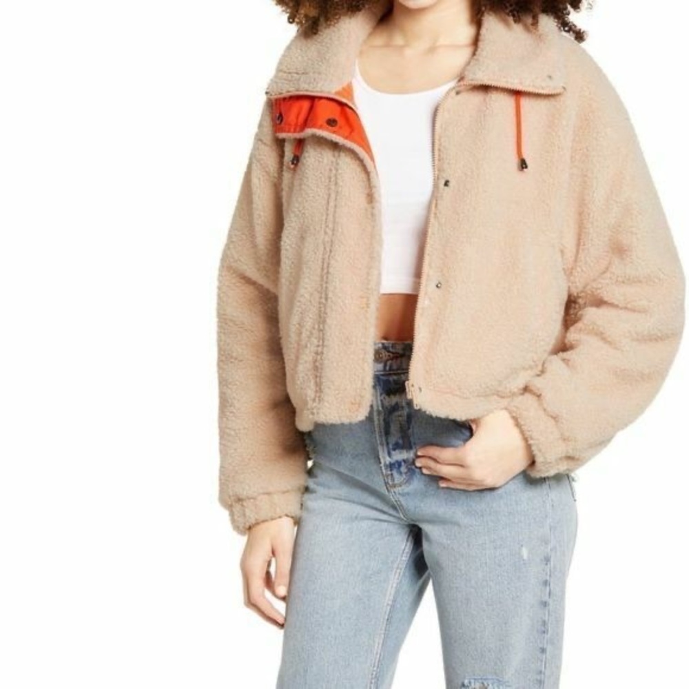 New BP Bomber Jacket Faux Shearling Full Zip Sherpa Beige Size Large